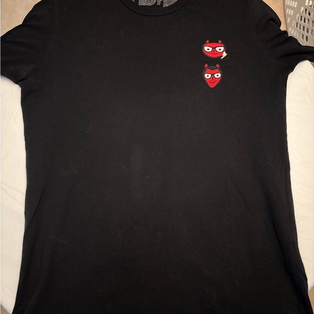 Dolce & Gabbana Black Short-Sleeve Tee with Red Heart Character Patches
